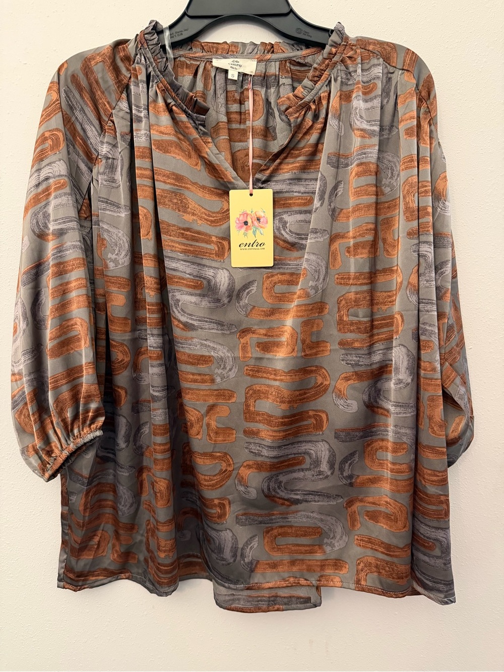 Entro Gray and Copper Abstract Blouse Sz Sm